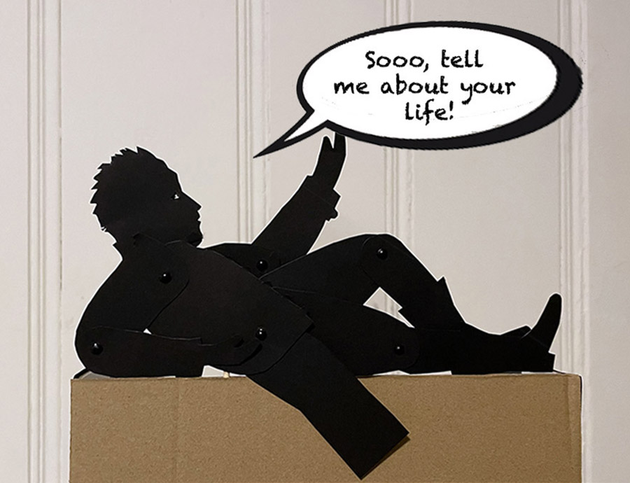 silhouette or shadow puppet of a military man lying down with text balloon saying "sooo... tell me about your life!"