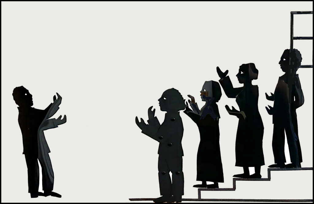 shadow puppets of a director and four choir members singing, with Henry Brown in front and his friend James Smith at the back