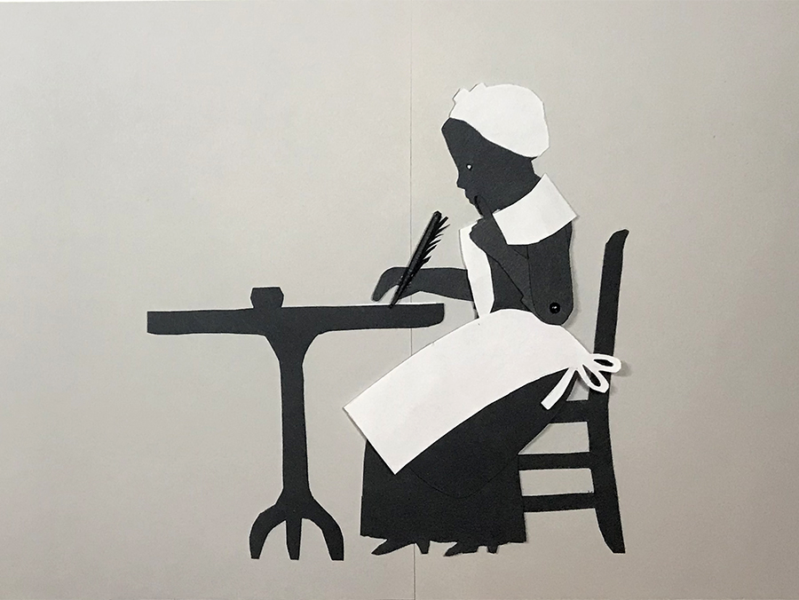 Silhouette puppet of Phillis Wheatley sitting at table writing