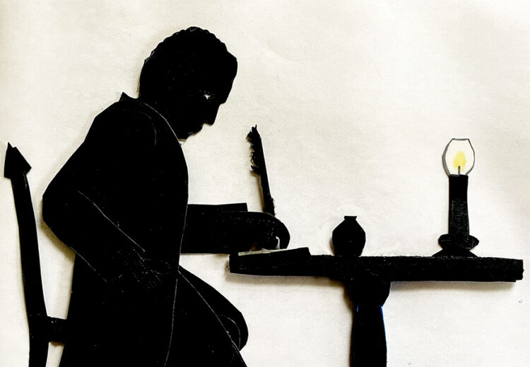 Silhouet of a man writing with a quill