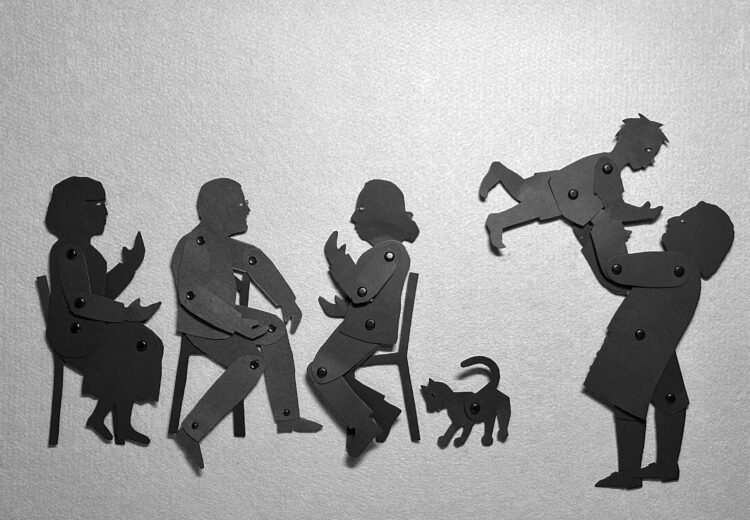 silhouette puppets of family gathering with three people talking, a cat, and a man holding up a child