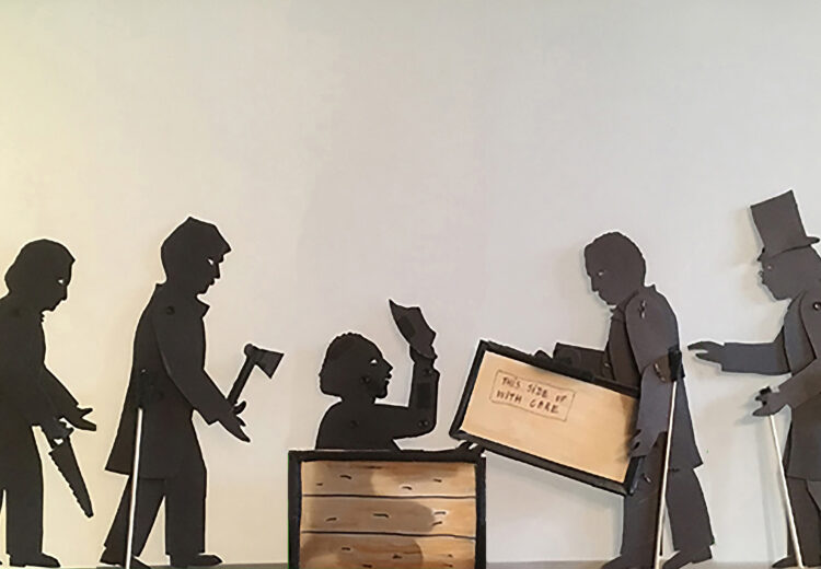Shadow puppets of Henry "Box" Brown coming out of the box surrounded by William Still and his friends in 1849, based on an illustration used in William Still's book "The Underground Railroad"
